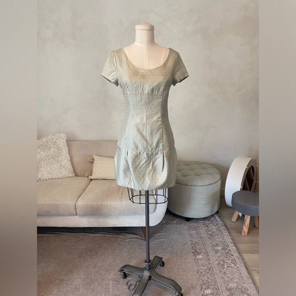 Y2K 2000s SAGE GREEN EMPIRE DROP WAIST MINI DRESS WITH SCOOP NECKLINE - Picture 3 of 15